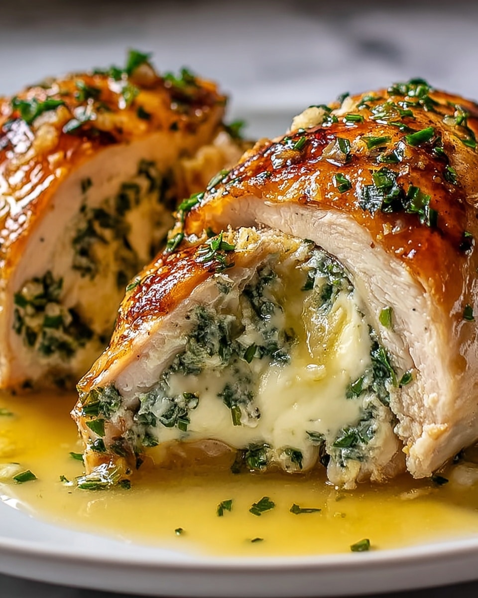 The image shows a close-up of two cooked chicken breasts on a white plate placed on a white marbled surface. Each chicken breast is cut open to reveal a middle layer of creamy white cheese mixed with green herbs. The outer skin of the chicken is golden brown with crispy and shiny texture, sprinkled with finely chopped green herbs. A light yellow sauce pools around the base of the chicken, adding a glossy finish to the dish. Photo taken with an iphone --ar 4:5 --v 7