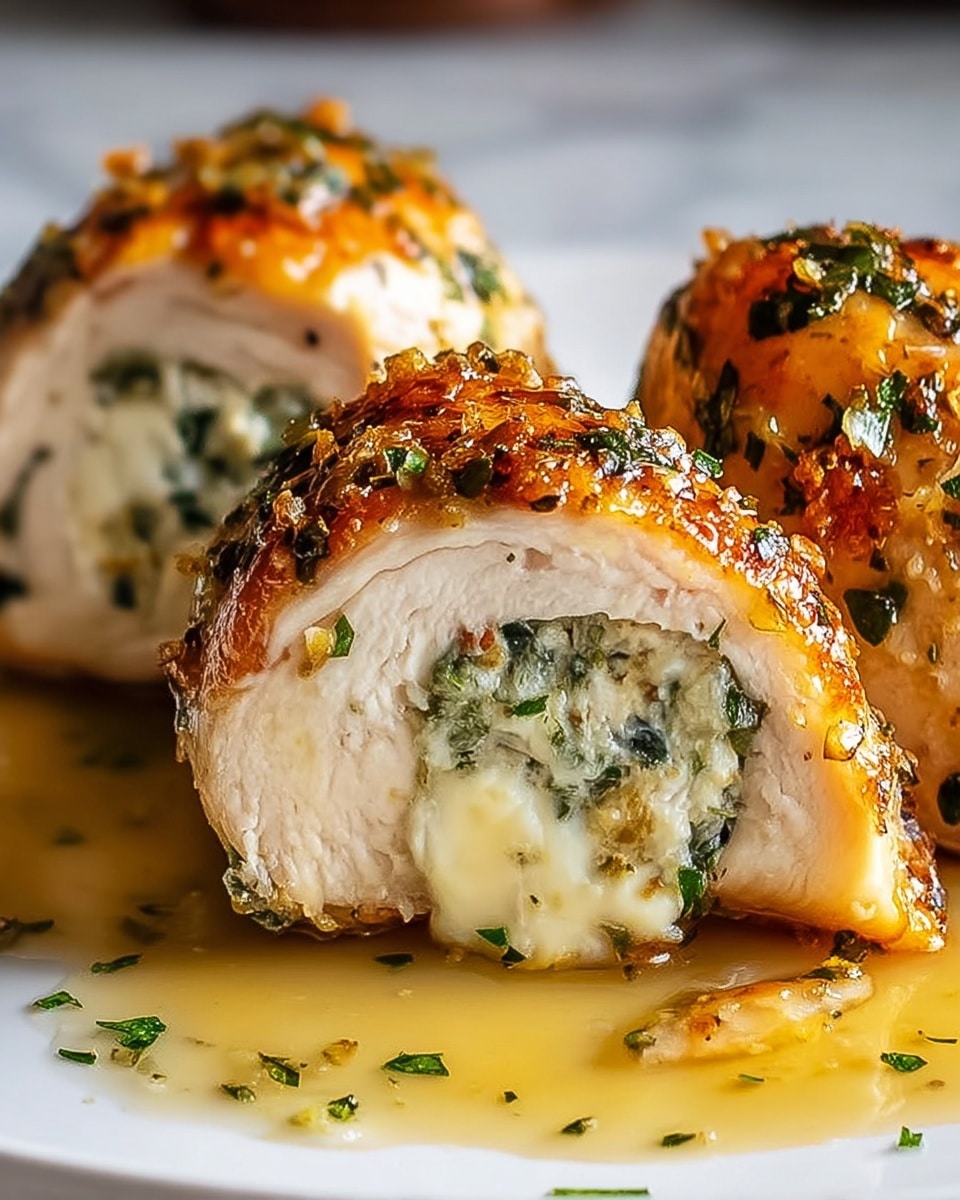 A close-up of three pieces of stuffed chicken on a white plate over a white marbled surface. Each piece has a golden brown, crispy outer skin with small green herb bits sprinkled on top. The chicken is sliced open to show a creamy white filling with small herb pieces mixed in, giving a textured and soft look. The chicken sits in a swirl of light golden sauce that glistens under soft lighting, with tiny herb flakes scattered around the plate. Photo taken with an iphone --ar 4:5 --v 7