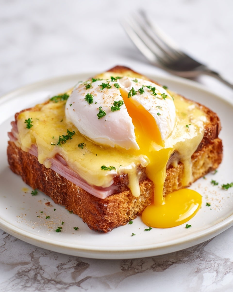 A piece of toasted bread base with visible ham layers inside sits on a white plate, topped with a thick layer of melted yellow cheese sauce. On top of the cheese is a perfectly poached egg with white skin and a cut in the middle, showing bright yellow runny yolk flowing down the sides. Small green parsley pieces are sprinkled on the egg and cheese. The edges of the bread are golden brown and slightly crisp. The whole dish is placed on a white marbled texture surface, with a silver fork next to it. Photo taken with an iphone --ar 4:5 --v 7