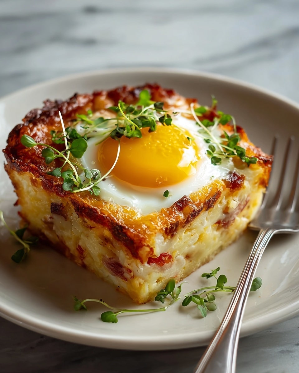 A square piece of baked dish with about four visible layers sits on a white plate. The bottom layers are light yellow with bits of red, showing a mix of melted cheese and small pieces of meat or vegetables. The top layer is golden brown and crispy with a slightly rough texture. On top of the dish rests a sunny-side-up egg with a bright yellow yolk in the center, surrounded by firm white. Small green chopped herbs and microgreens are sprinkled on the egg, adding fresh color. The plate is set on a white marbled surface, and a silver fork is placed behind the dish. Photo taken with an iphone --ar 4:5 --v 7