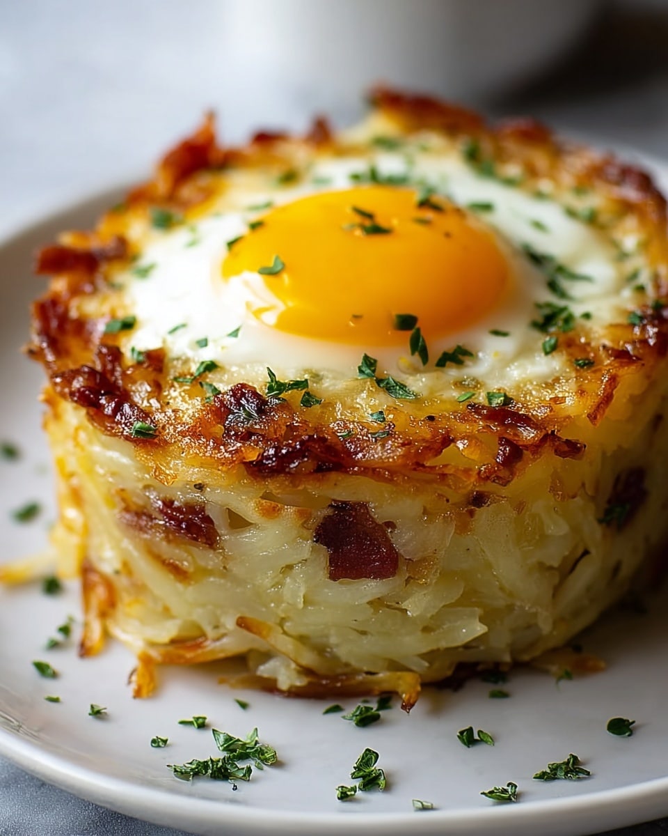 This image shows a round, stacked breakfast dish on a white plate sitting on a white marbled texture. The bottom layer is a golden-brown, crispy mixture of shredded potatoes with small pieces of browned bacon mixed in. The middle layer looks soft and light yellow with visible strands of shredded potatoes. The top layer features a perfectly cooked sunny-side-up egg with a bright, shiny orange yolk and firm white edges. Small bits of green herbs are sprinkled evenly on top and around the dish. The egg dish has a slightly crispy, browned edge, giving it a textured look. Photo taken with an iphone --ar 4:5 --v 7