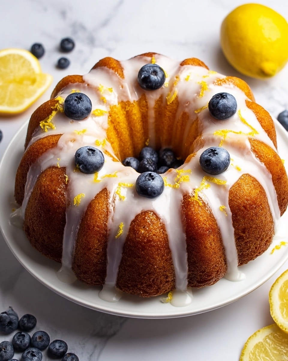 A golden brown bundt cake with a moist texture sits in the center of a white plate. The cake has a shiny white glaze drizzled evenly over the top, flowing down the ridges in thin streams. Bright yellow lemon zest is sprinkled lightly on the cake, adding small pops of color. In the cake's hollow center, five plump blueberries rest, their deep blue color contrasting with the light cake. Around the plate on a white marbled surface, extra blueberries and a whole yellow lemon are scattered, enhancing the fresh and vibrant look. photo taken with an iphone --ar 4:5 --v 7