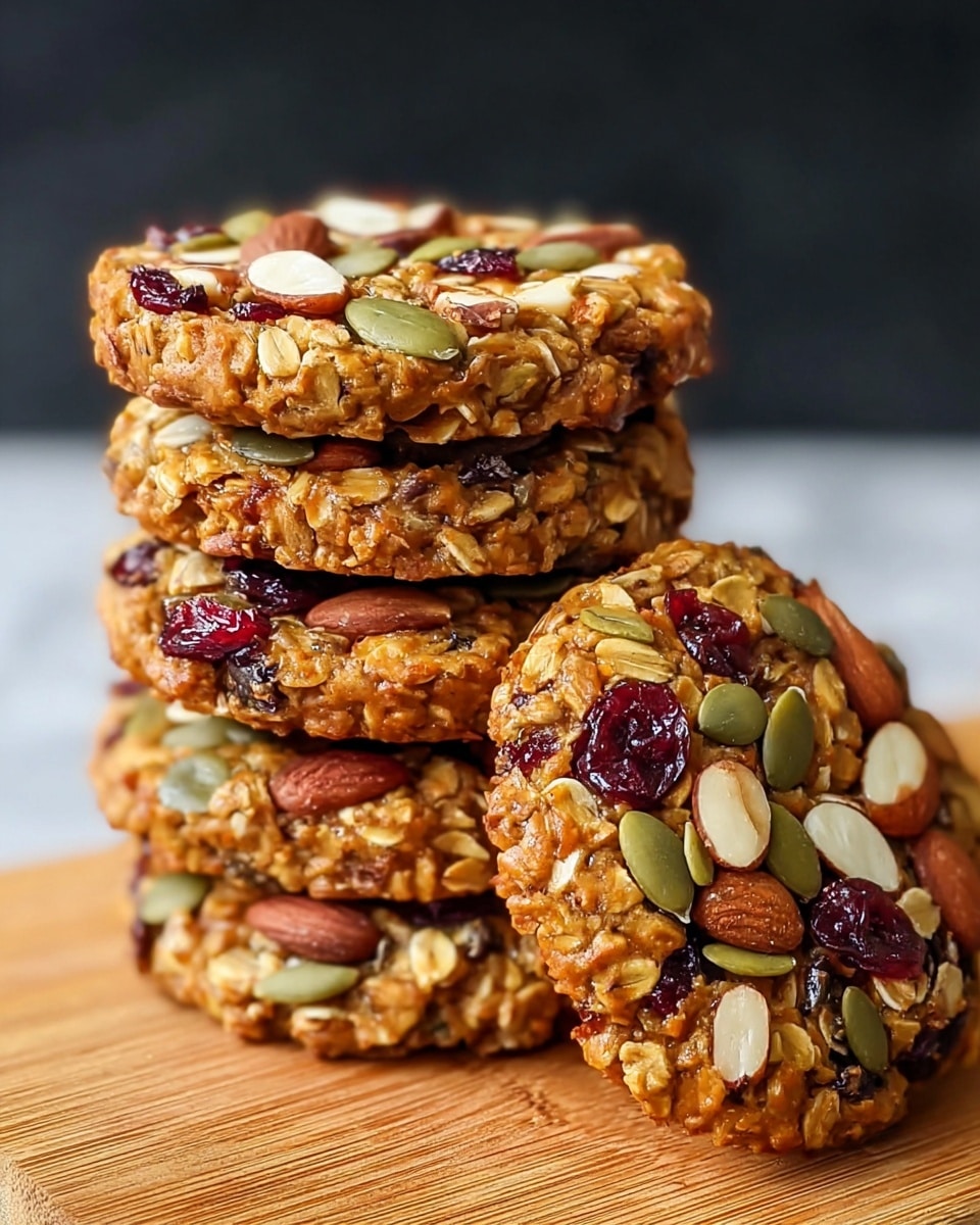A close-up shot of a stack of four round oatmeal cookies with a rough texture, each cookie golden brown and studded with visible oats, green pumpkin seeds, light-colored almond slices, and shiny dark red dried cranberries placed evenly on top. The cookies rest on a wooden surface with more cookies blurred in the background, all against a white marbled texture. The lighting highlights the glossy cranberries and the textured oats on each cookie. photo taken with an iphone --ar 4:5 --v 7