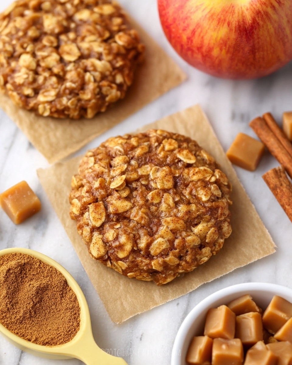 Two round oatmeal cookies with visible chunks of light apple pieces are placed on small white parchment squares on a white marbled surface. The cookies have a golden-brown color with a textured, slightly rough surface showing oats and cinnamon specks throughout. Behind the front cookie, part of a second cookie is visible, along with a yellow measuring spoon filled with brown cinnamon powder and a blurry red apple at the top right. The whole scene is softly lit, highlighting the warm, cozy tones of the cookies. photo taken with an iphone --ar 4:5 --v 7