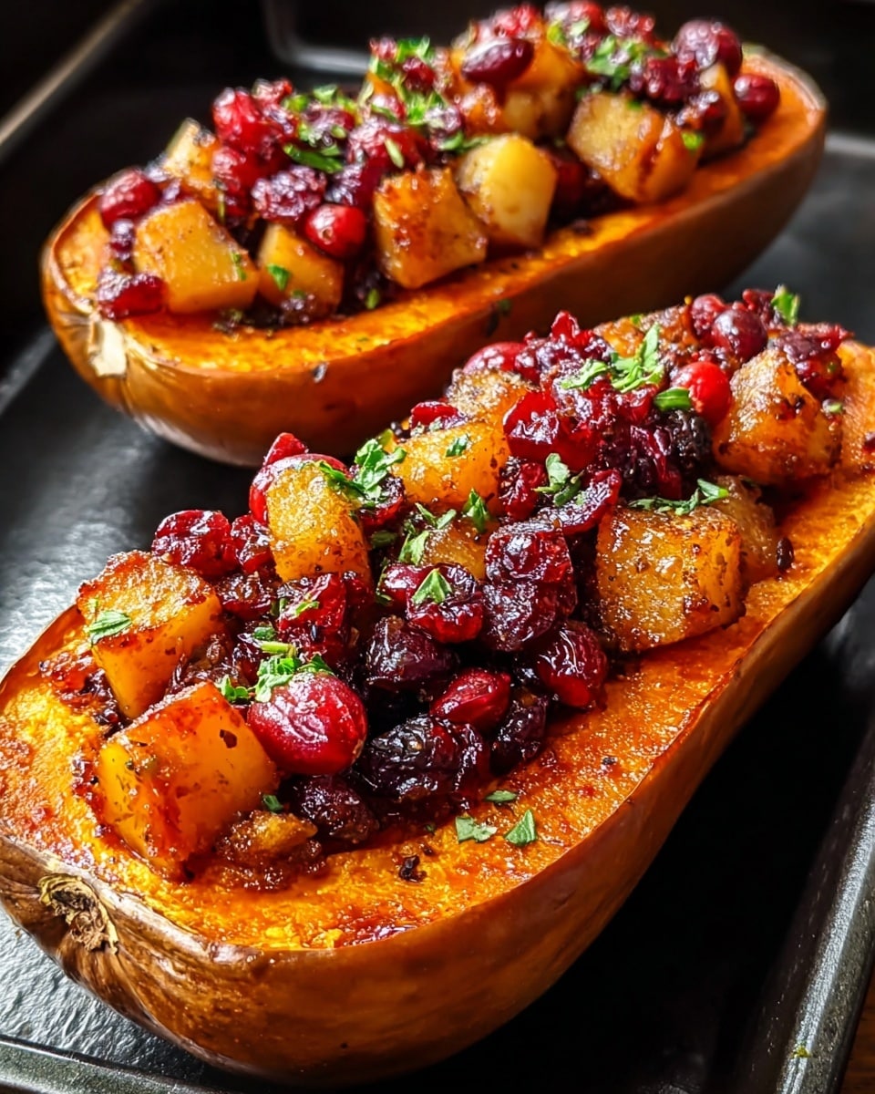 The image shows two baked squash halves with a rich orange flesh, each filled with a mix of golden-brown diced apples and deep red cranberries, topped with chopped green herbs. The squash skin is a light brown color with a slightly rough texture. The filling looks moist and caramelized, with a shiny, glazed finish. They are placed on a black cooking tray that contrasts with the vibrant colors of the squash and filling. photo taken with an iphone --ar 4:5 --v 7