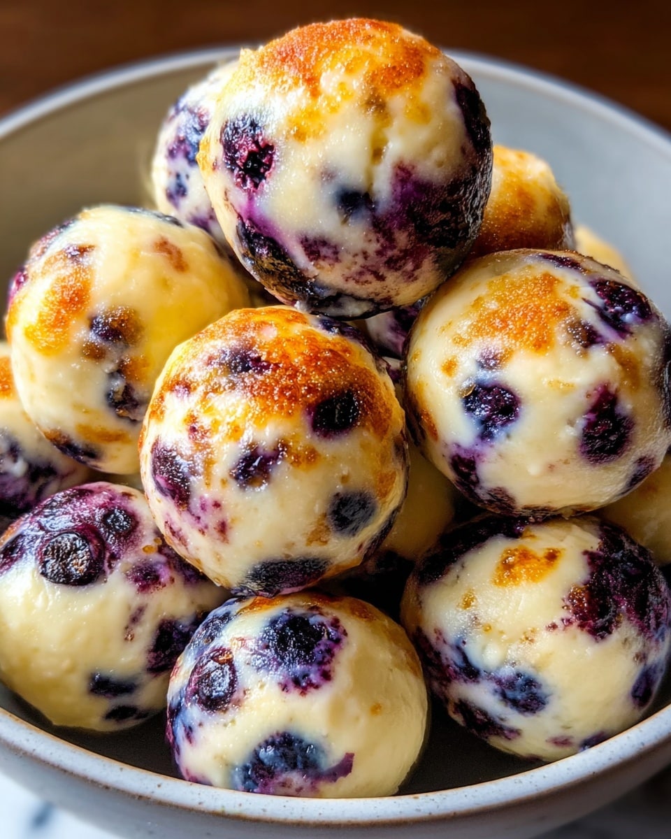 A bowl full of round blueberry cheesecake balls, each about the size of a small marble. The balls have creamy white and pale yellow cheesecake bases mixed with whole, deep purple blueberries embedded throughout. The top of each ball has a caramelized golden brown layer with a slightly crispy texture, giving a toasted look. They are placed in a white bowl on a white marbled surface, showing a close-up view of the layered details. photo taken with an iphone --ar 4:5 --v 7