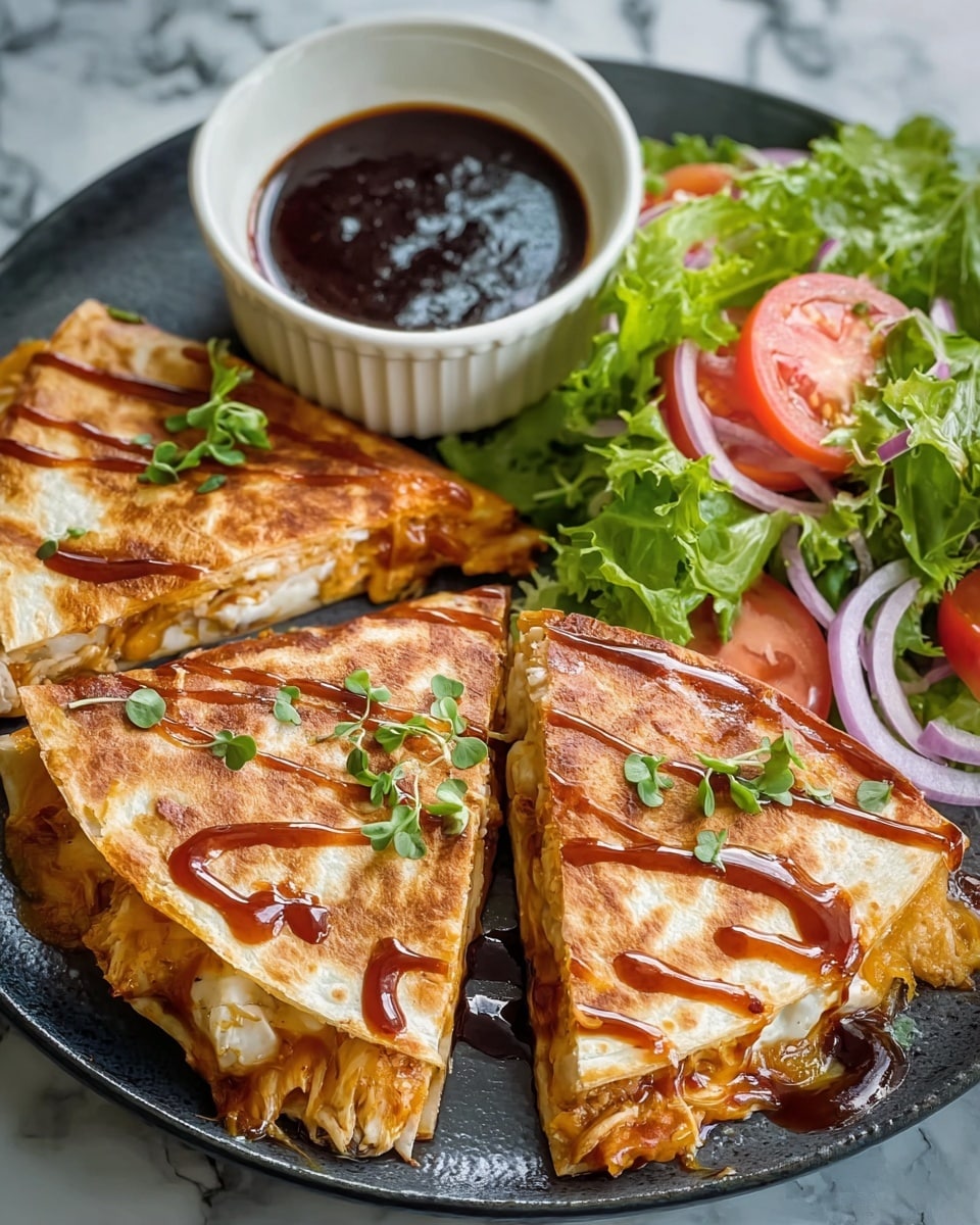 The image shows three triangular pieces of quesadilla with a golden-brown crispy outer layer, melted cheese, and pieces of chicken inside. The quesadillas are drizzled with a rich, dark brown sauce and garnished with small green herbs on top. To the right side of the plate is a fresh salad with bright green leafy lettuce, red tomato wedges, and rings of purple onion. A small white bowl of thick, dark sauce is placed behind the quesadilla pieces. All items are arranged on a dark plate sitting on a white marbled surface. Photo taken with an iphone --ar 4:5 --v 7