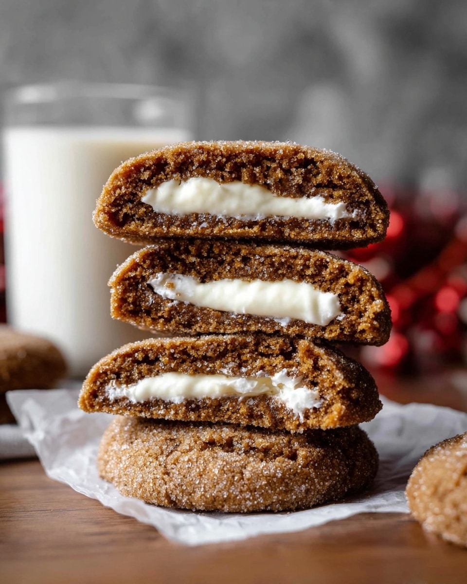 A stack of four brown cookies with a rough, slightly crumbly texture is shown, each cookie cut in half to reveal a thick, soft white cream filling in the middle layer. The cookies are arranged on a piece of white parchment paper on a wooden surface, with a glass of milk blurred in the background. The outer cookie layers have a sugar-coated look, adding a bit of sparkle, and the inside cream appears smooth and creamy. The scene has a cozy, warm feel with a white marbled texture in the background. photo taken with an iphone --ar 4:5 --v 7