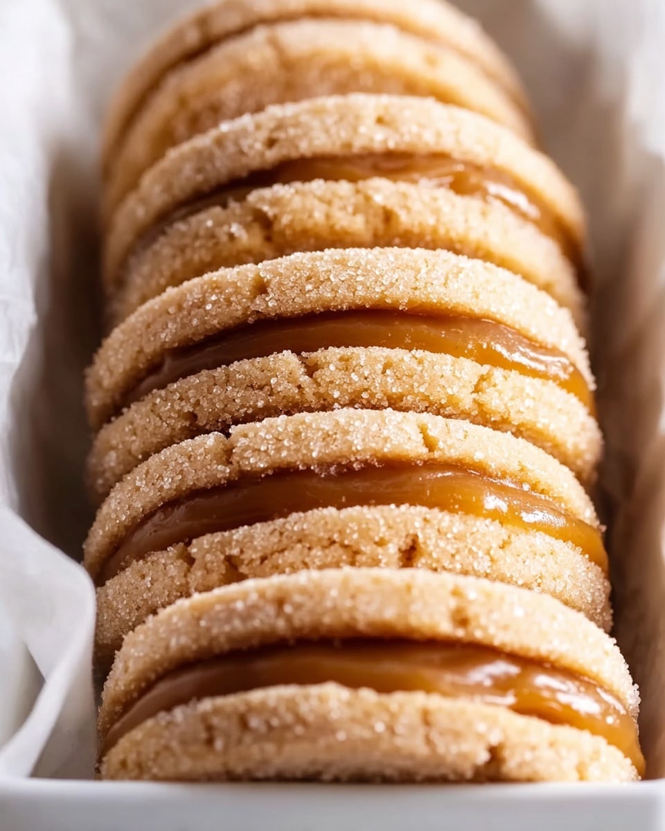 A close-up view of several round sandwich cookies stacked vertically in a white rectangular tray lined with parchment paper. Each cookie has two light brown, sugar-coated textured layers with a slightly coarse surface. Between these layers is a smooth, glossy caramel-colored filling that looks soft and thick. The cookies are tightly packed together, showing a neat and uniform line of golden sugary edges. The background surface is white marble to add subtle contrast. Photo taken with an iphone --ar 4:5 --v 7