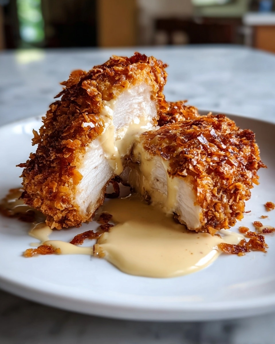 A close-up view of two pieces of crispy, golden-brown fried chicken on a white plate, showing a crunchy textured outer layer made of small flakes. One piece is cut in half, revealing tender, white chicken meat inside. A creamy light beige sauce is drizzled on and around the chicken pieces, adding softness and gloss. The plate sits on a white marbled surface with a blurred background. photo taken with an iphone --ar 4:5 --v 7