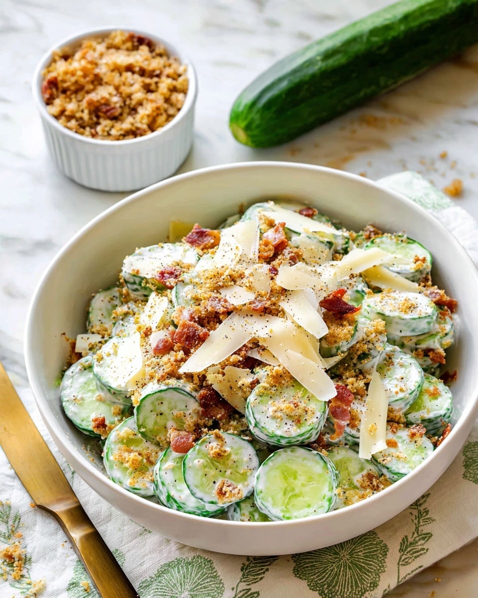 A white bowl filled with a creamy cucumber salad consisting of light green cucumber slices coated in a white dressing, topped with thin, translucent pale yellow cheese shavings, scattered small reddish-brown bacon bits, and a sprinkle of black pepper and crunchy toasted bread crumbs adding a golden-brown texture on top and throughout. Behind the bowl, a small white ramekin holds additional toasted bread crumbs, and a fresh green cucumber is partially visible. The bowl sits on a white marbled surface with a white cloth that has a subtle green pattern, and a gold-handled knife is laid next to the bowl. photo taken with an iphone --ar 4:5 --v 7