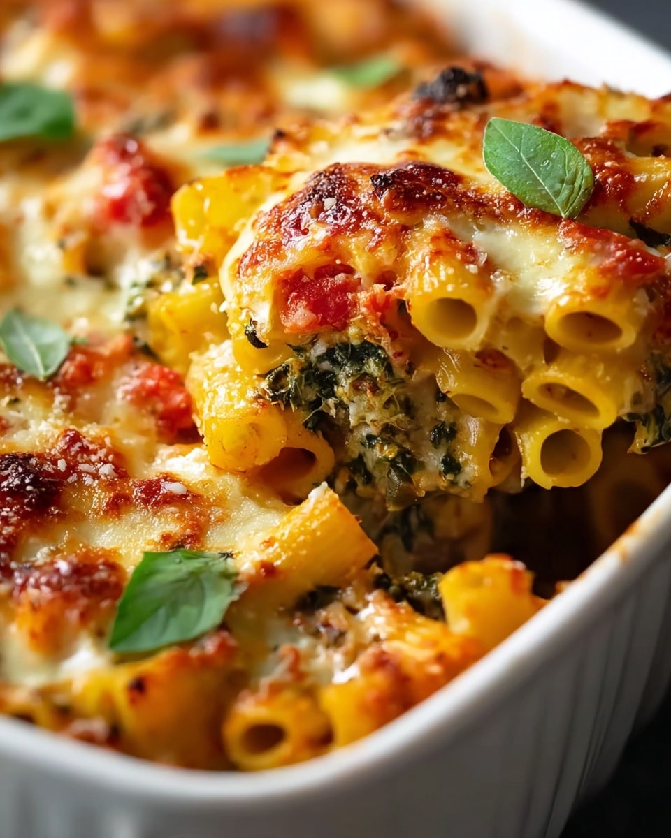 A close-up view of a baked pasta dish in a white ceramic baking dish, showing three visible layers: the bottom layer of yellow cooked pasta tubes, a middle layer mixed with green leafy herbs and red tomato pieces, and a thick golden-brown melted cheese layer on top, dotted with melted white cheese, some browned spots, and fresh green basil leaves scattered for color. The rich textures of melted cheese and herbs contrast with the smooth pasta tubes. Photo taken with an iphone --ar 4:5 --v 7
