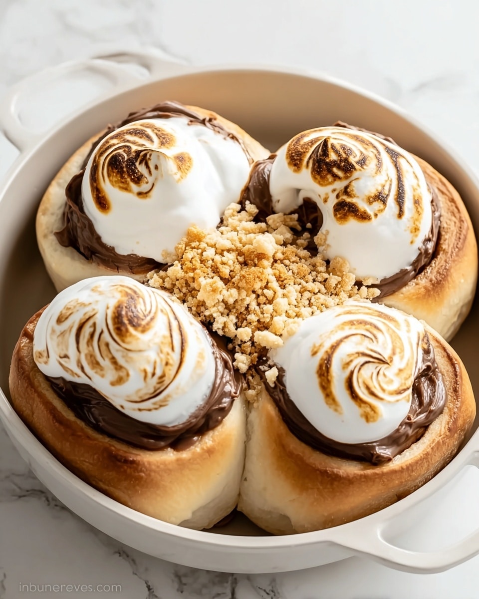A round white bowl holds four soft, light golden-brown sweet buns arranged in a circle. Each bun is filled with smooth, dark brown chocolate spread that peeks through the center and is topped with a dollop of white toasted marshmallow cream, with light brown toasted swirls on top. In the middle of the circle, there is a small pile of light brown crumbly cookie bits. The bowl is placed on a white marbled surface. Photo taken with an iphone --ar 4:5 --v 7