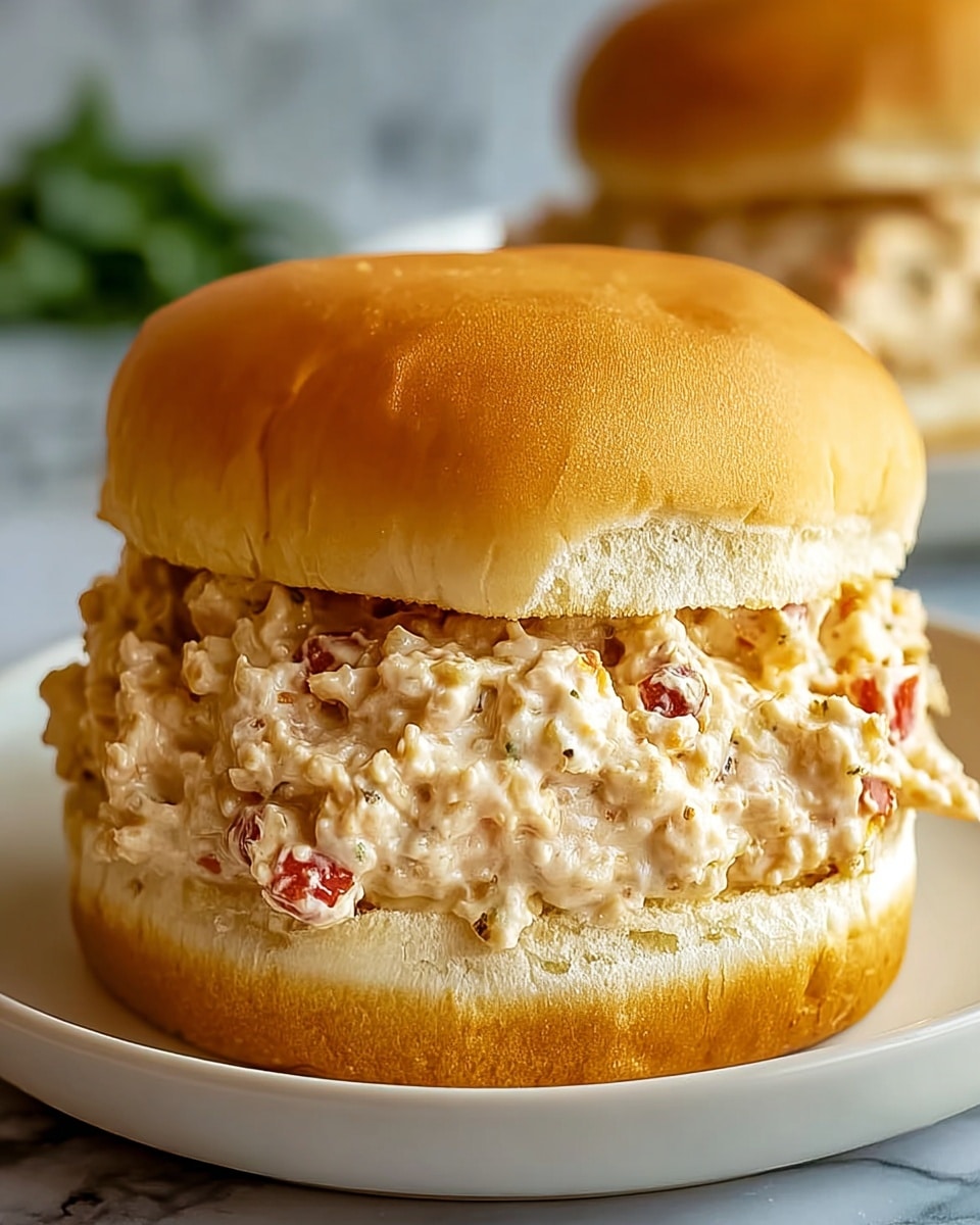 A close-up of a sandwich showing two soft, golden-brown bun layers on the top and bottom. Between the buns is one thick layer of creamy, light beige chicken salad with small pieces of red pepper mixed inside it, giving it a textured, chunky look. The sandwich sits on a white plate with a white marbled texture background. Photo taken with an iphone --ar 4:5 --v 7