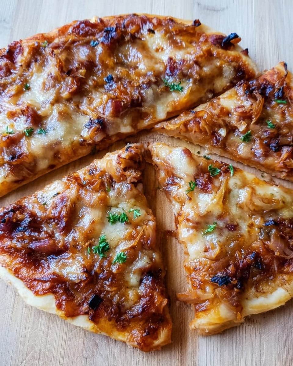 The image shows a pizza cut into four triangular slices placed on a light wooden surface. The pizza has a thin crust with a golden-brown edge. The base layer is a light tomato sauce nearly covered by melted cheese that has some golden spots. On top of the cheese, there are pieces of browned caramelized onions and bits of cooked meat, giving a textured and slightly glossy look. Scattered green herbs add small pops of color over the rich topping. The overall look is warm and appetizing with a mix of light brown, golden, and green tones. photo taken with an iphone --ar 4:5 --v 7