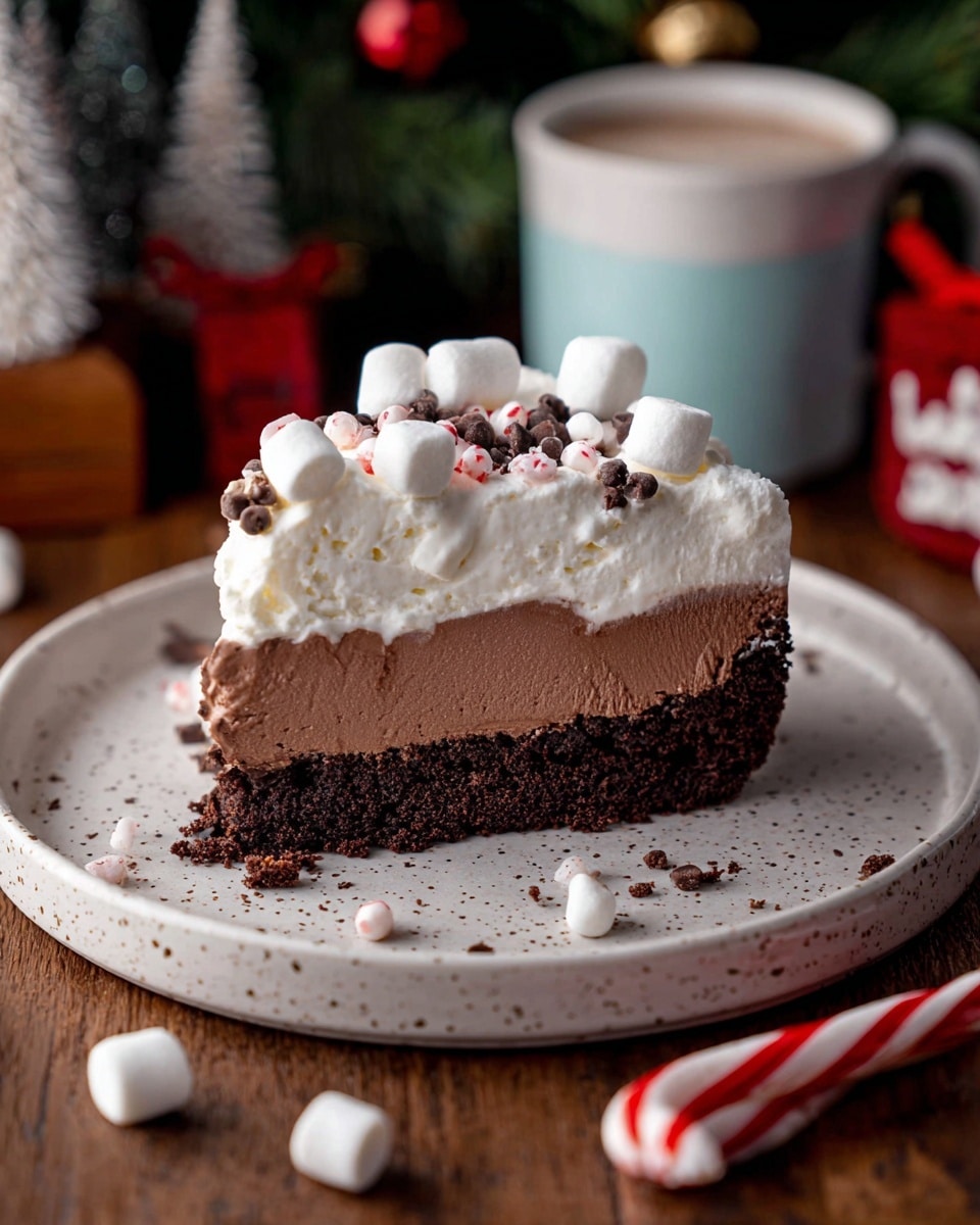 A slice of layered chocolate dessert sits on a white speckled plate, placed on a wooden surface. The dessert has three main layers: a dense, dark chocolate crumb base at the bottom, a thick and smooth milk chocolate mousse in the middle, and a generous layer of white whipped cream on top. The whipped cream is decorated with small white marshmallows, tiny chocolate chips, and crushed red peppermint candy bits. Around the plate, mini marshmallows and a red and white peppermint stick lay scattered. The background shows festive holiday decorations and a white mug with a light blue rim. photo taken with an iphone --ar 4:5 --v 7
