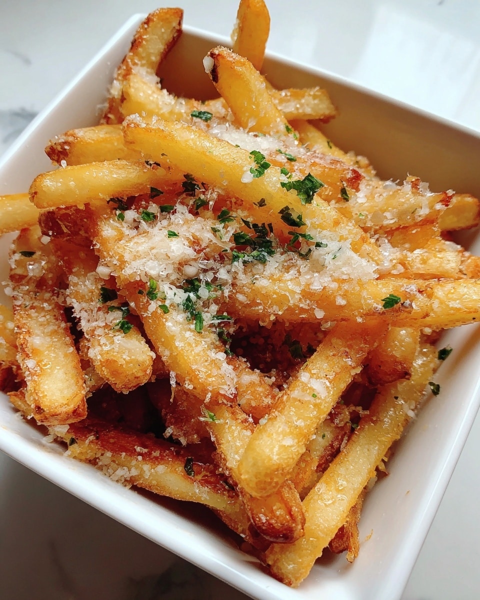A white square bowl filled with golden-brown French fries topped with a light sprinkling of grated Parmesan cheese and small green parsley bits scattered evenly on top, showing a crispy texture with some fries slightly darker at the edges, sitting on a white marbled surface. photo taken with an iphone --ar 4:5 --v 7