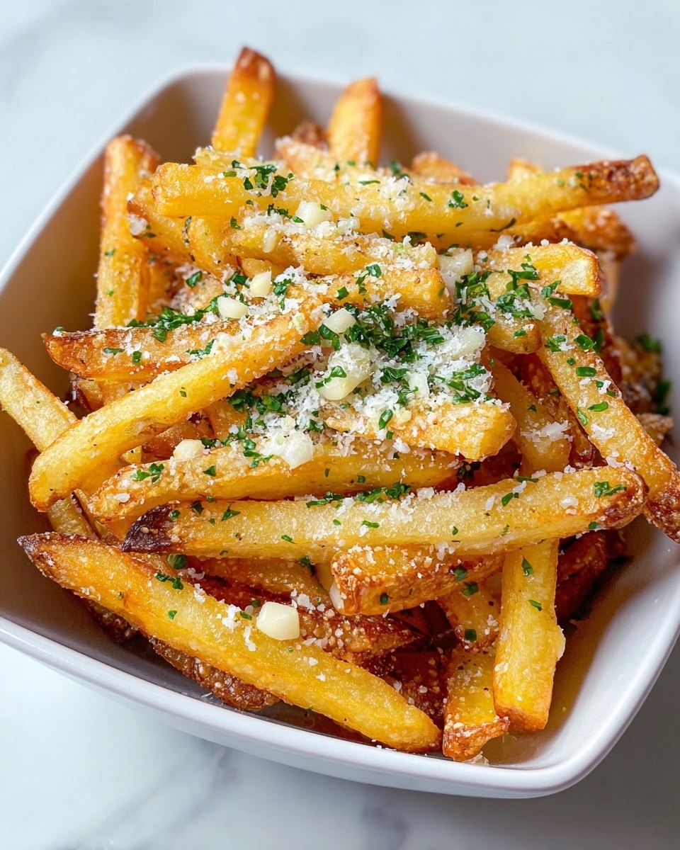 The image shows a square white bowl filled with crispy golden fries that have brown edges. The fries are topped with a sprinkling of light yellow grated cheese and finely chopped green herbs scattered evenly on top. There are small white chunks of garlic visible on a few fries. The bowl sits on a white marbled surface, enhancing the warm colors of the fries and the fresh garnish. photo taken with an iphone --ar 4:5 --v 7
