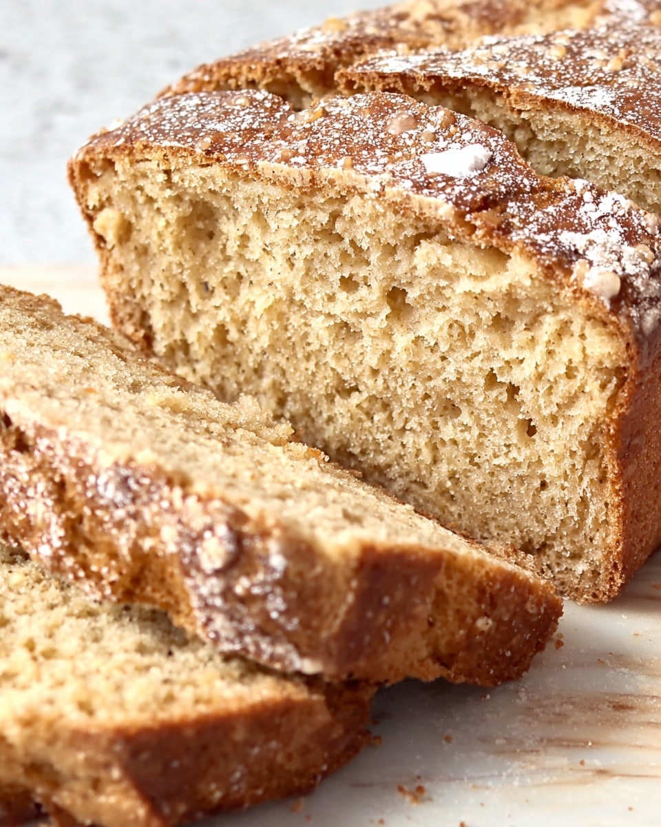 A close-up view of a loaf of bread with a golden-brown crust and a moist, soft inside, sliced into several pieces stacked slightly on a white marbled surface. The top crust has a slightly crumbly texture with a dusting of white powdered sugar scattered unevenly across it. The bread’s interior is dense yet fluffy, showing a textured crumb with small air pockets throughout. Photo taken with an iphone --ar 4:5 --v 7