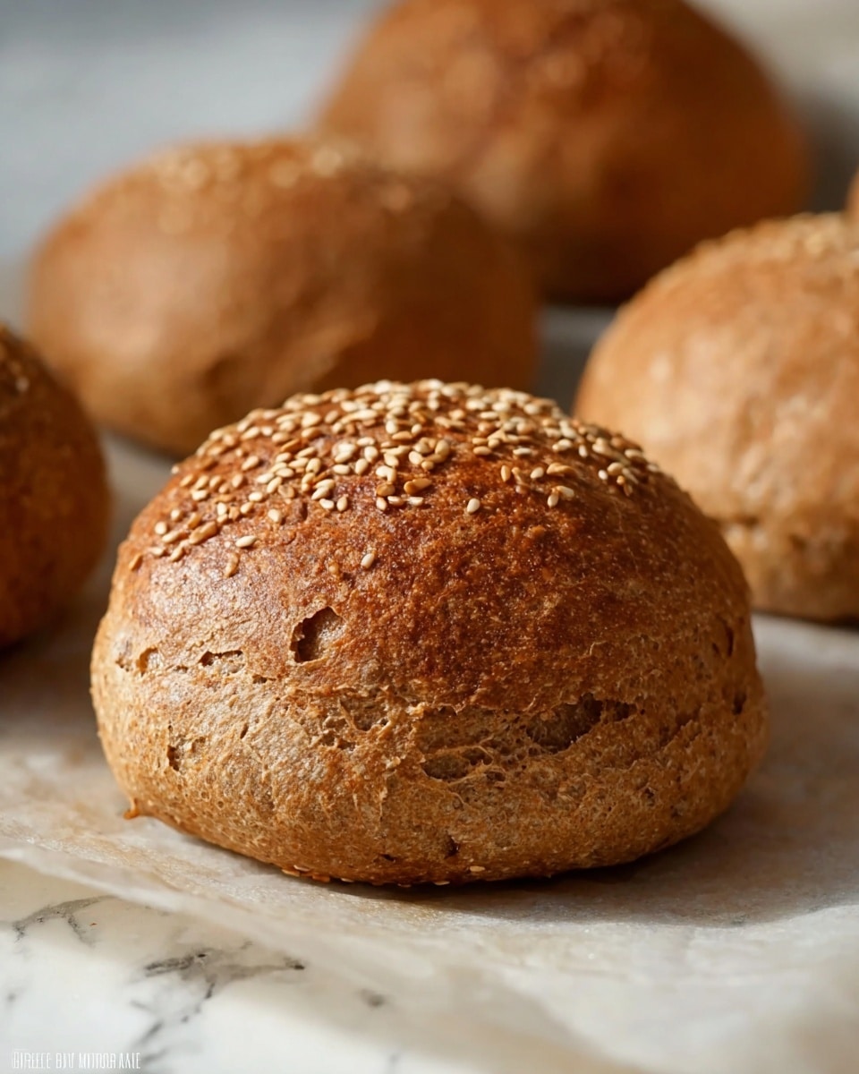 The image shows a close-up of a brown, round bread roll with a rough, rustic texture and sesame seeds sprinkled on top. The bread has a crusty surface with small cracks and is sitting on a piece of parchment paper. In the background, blurred out, are other similar bread rolls, creating a soft focus effect. The surface underneath the paper is a white marbled texture. Photo taken with an iphone --ar 4:5 --v 7