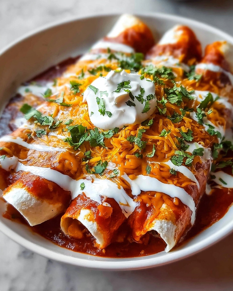 The image shows three rolled enchiladas placed side by side on a white plate, each covered with a smooth, rich red sauce. On top of the enchiladas, there is a layer of thick, white sour cream drizzled in smooth lines, followed by a generous heap of finely shredded orange cheddar cheese spread unevenly over the dish. Fresh, chopped green cilantro is sprinkled on top, adding a bright touch of color. At the center of the enchiladas sits a dollop of sour cream, rounded and soft. The plate rests on a white marbled surface. photo taken with an iphone --ar 4:5 --v 7