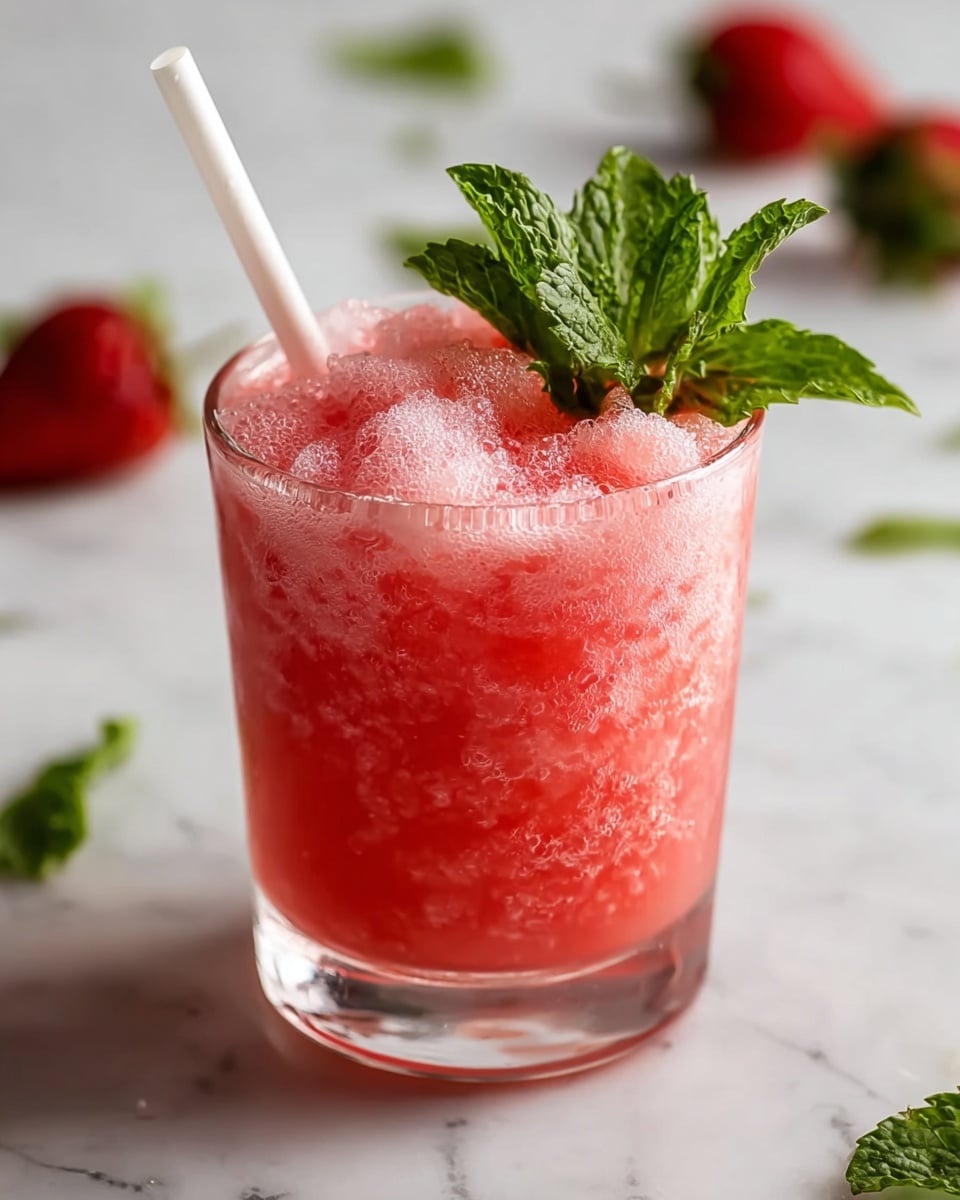 A clear glass filled with a frothy, bright pink drink with crushed ice visible beneath the foam layer on top, garnished with a small bunch of fresh green mint leaves resting on the surface near the rim, a white paper straw sticking out from the left side of the glass, all set on a white marbled surface, with blurred red strawberries and green mint leaves scattered softly in the background, photo taken with an iphone --ar 4:5 --v 7