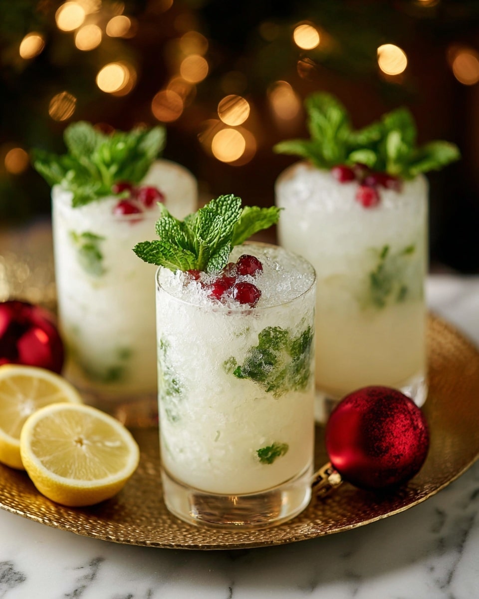 Three clear glasses filled with a cold white drink, each glass layered with crushed ice, green mint leaves, and bright red cranberries inside. The front glass has ice and drink nearly full to the top, decorated with two red cranberries and a small bunch of fresh green mint leaves. The glasses sit on a round bronze tray, with some loose cranberries and green leaves scattered around. The background shows a white marbled surface and soft golden lights blurred out. photo taken with an iphone --ar 4:5 --v 7