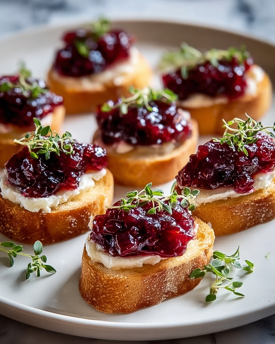The image shows seven small toasted bread slices on a white plate, each with three layers: the base is golden brown toasted bread with a crisp texture, the middle layer is a smooth white creamy spread, and the top layer is a chunky deep red berry jelly. Each toast is garnished with a small fresh green herb sprig on top, and a few scattered herb leaves are around the plate. The plate is set on a white marbled surface. photo taken with an iphone --ar 4:5 --v 7