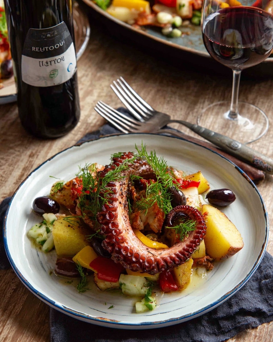 A single large curved octopus tentacle with a bumpy texture sits on top of a layered mix of light yellow potato wedges, bright red roasted peppers, dark brown olives, and fresh green herbs including parsley and dill, all arranged in the center of a white plate with a thin blue rim. The plate rests on a wooden table, with a fork and knife placed on a dark cloth nearby. In the background, there is a bottle of red wine and a partially filled wine glass, along with another dish that holds a similar meal, all set on the table. Photo taken with an iphone --ar 4:5 --v 7