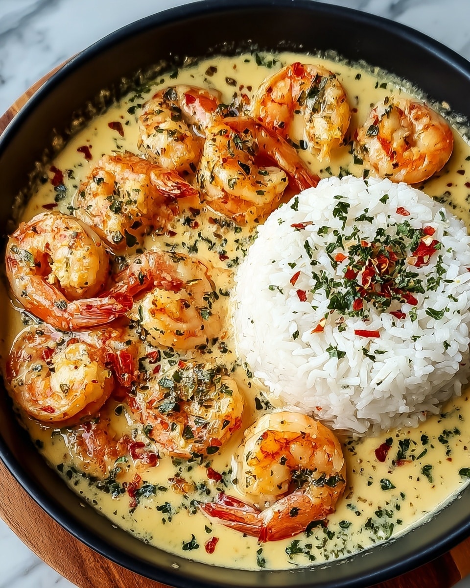 A close-up view of a black bowl filled with creamy shrimp curry and white rice. The top right side has a neat mound of fluffy white rice sprinkled with green herbs and a few small red flakes. The rest of the bowl shows plump orange shrimp with tails, covered in a rich pale yellow cream sauce with visible green herbs and red pepper flakes. The shrimp are well spaced and coated evenly in the sauce, giving a warm, inviting look. The bowl sits on a wooden surface, but the background has been changed to a white marbled texture. photo taken with an iphone --ar 4:5 --v 7