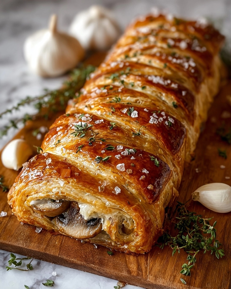 A golden brown puff pastry braid with a glossy top sprinkled with coarse sea salt and small green herb leaves is laid on a wooden board. The braid has about six visible sections where the dough strips overlap, each showing the flaky texture of the baked pastry. The open end reveals cooked mushroom slices inside a creamy, light-colored filling. There are whole garlic bulbs, cloves, and scattered green herb sprigs around the board on a white marbled surface. photo taken with an iphone --ar 4:5 --v 7