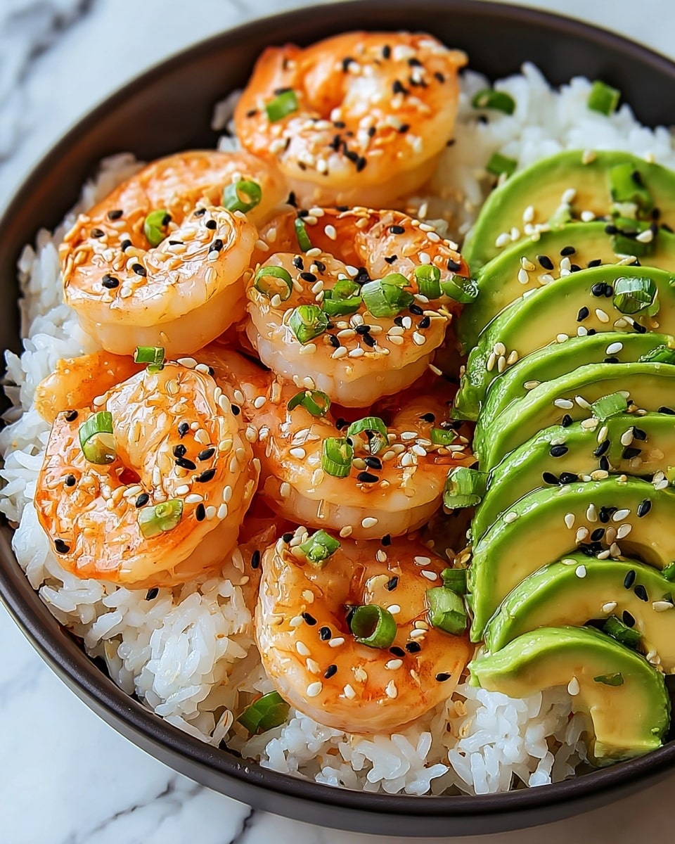 A bowl filled with three main layers: the bottom layer is white sticky rice, the middle layer is a neat row of sliced avocado with light green color and dark grill marks, and the top layer shows grilled shrimp with a bright orange and white color, marked with charred black spots and sprinkled with chopped green onions and black sesame seeds. The bowl itself is white with a black rim, sitting on a white marbled surface. Photo taken with an iphone --ar 4:5 --v 7
