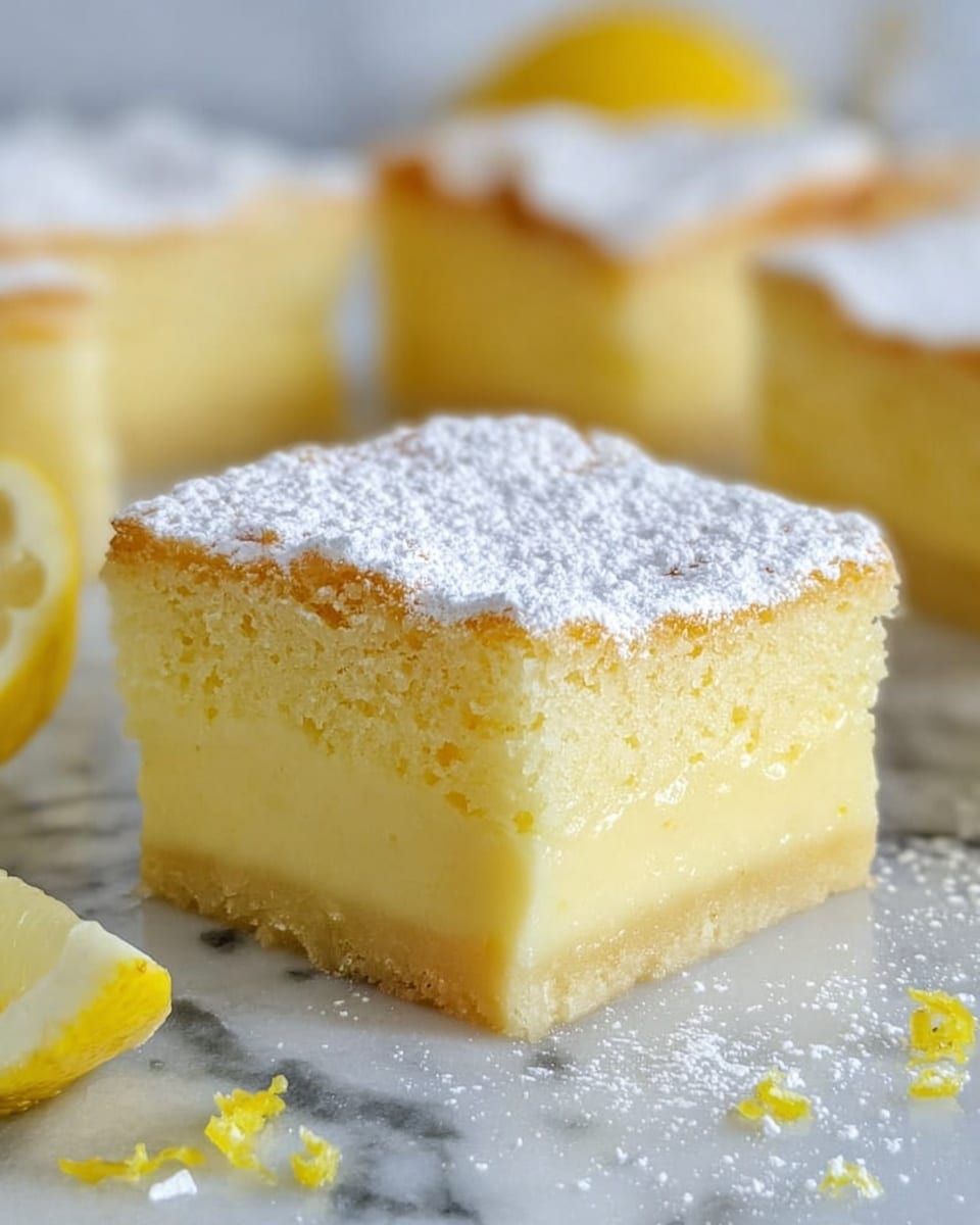 The image shows a close-up of a soft lemon cake cut into a square piece on a white plate, resting on a white marbled surface. The cake has two visible layers: a light yellow dense creamy bottom layer with a smooth texture and a slightly crumbly, pale yellow top layer dusted generously with white powdered sugar. Around the plate, there are small lemon zest pieces and a tiny slice of lemon adding a pop of bright yellow color. In the background, more pieces of the same cake are slightly blurred. photo taken with an iphone --ar 4:5 --v 7