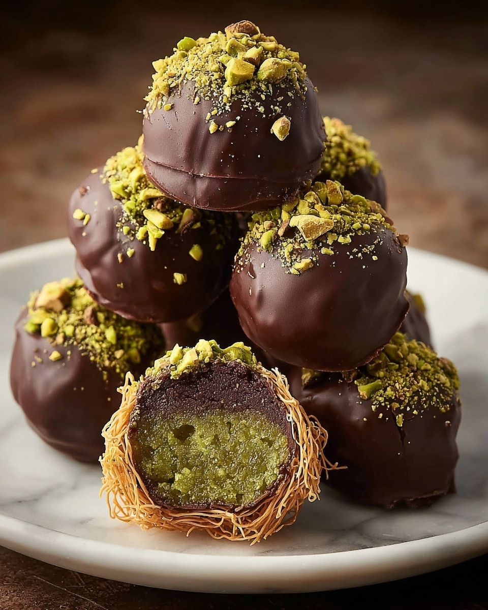 A close-up of five round chocolate truffles sitting on a white plate with a smooth surface on a white marbled texture background. Each truffle has a rich, dark brown glossy chocolate coating with a topping of finely chopped green pistachios. The bottom half of each truffle is wrapped in thin, golden, crispy shredded pastry that adds a delicate texture and layered appearance. The truffles are clustered closely together, showing fine details of both the smooth chocolate and the crispy, airy pastry. photo taken with an iphone --ar 4:5 --v 7