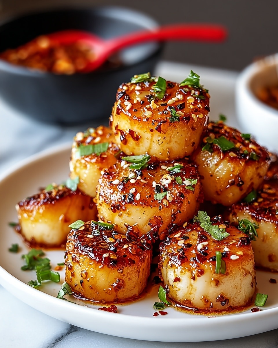 The image shows a white plate filled with crispy, golden-brown fried cubes stacked in the center. Each cube has a shiny, slightly oily surface with a caramelized crust and small sesame seeds sprinkled on top. Bright green herbs, likely cilantro or parsley, are scattered over the cubes for a fresh touch. To the left side of the plate, there is a small black bowl containing a dark sauce with red chili slices floating on top. The plate sits on a white marbled surface, adding a clean and elegant background to the presentation. photo taken with an iphone --ar 4:5 --v 7