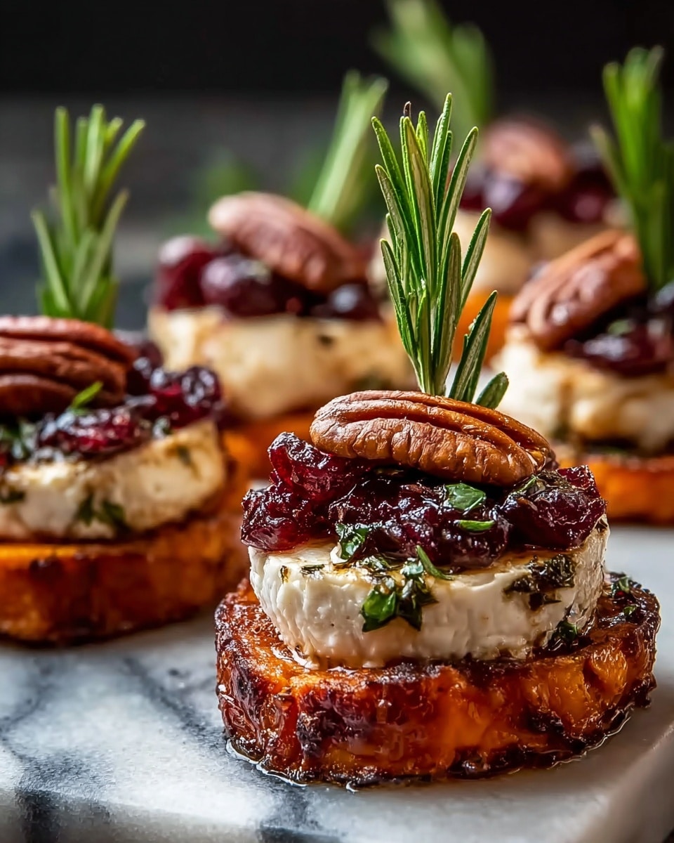 The image shows a close-up of a layered appetizer with four visible layers. The bottom layer is a thick, round slice of roasted sweet potato, browned with a crispy texture and a deep orange color. On top of this is a creamy white cheese layer, slightly soft and speckled with herbs. Above the cheese sits a generous heap of dark red, glossy dried cranberries. The top layer features two whole pecans in light brown color, accompanied by small sprigs of fresh green herbs, most likely thyme. These appetizers are arranged on a charcoal gray slate board with some fresh green rosemary sprigs nearby, and the background is a white marbled texture. photo taken with an iphone --ar 4:5 --v 7