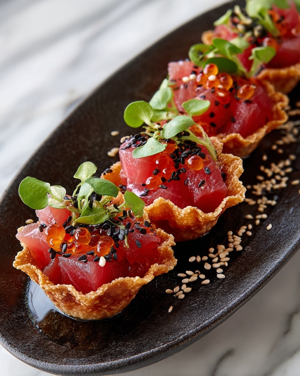 Three crispy golden-brown cups made from a textured chip form the base, each filled with bright red diced pieces of raw fish. The fish is topped with a mix of black and white sesame seeds and small green herb leaves, adding contrast and freshness. The cups are arranged in a row on a long black platter, all sharply in focus with shallow depth of field, placed on a white marbled texture surface. photo taken with an iphone --ar 4:5 --v 7