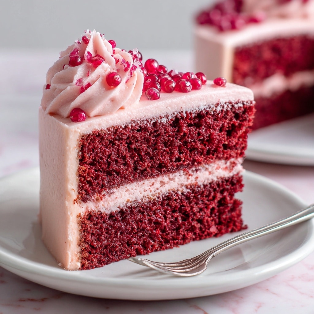 A three-layer cake with dark pink sponge layers separated by light pink frosting, all covered in smooth, light pink frosting on the outside with subtle horizontal texture. On top, there are six swirls of the same light pink frosting, each topped with a mix of fresh raspberries and blackberries. The cake is displayed on a white cake stand with a gold-trimmed edge, set against a softly blurred white marbled texture background. Photo taken with an iphone --ar 4:5 --v 7