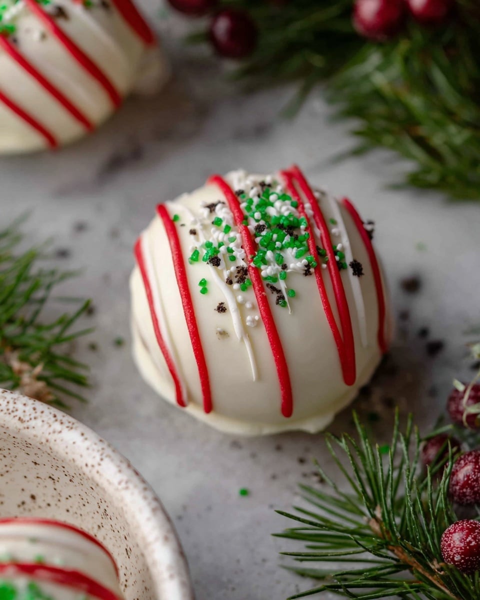 A round treat covered in smooth white icing sits on a white marbled surface, decorated with three thin red icing stripes evenly spaced across its top. Small green sprinkles and a few black crumbs are scattered over the white surface, adding color and texture. The ball has a slightly glossy finish, and around it are green pine needles and some red berries, giving a festive look. Part of a white speckled bowl with another similar treat is partially visible in the bottom left corner. Photo taken with an iphone --ar 4:5 --v 7