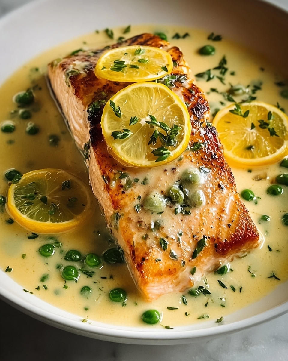 A thick salmon fillet cooked to a light golden brown on the outside, placed in the center of a white plate, is covered with a thick creamy white sauce speckled with small green herb pieces and black pepper, with a thin round yellow lemon slice on top and accompanied by several bright yellow lemon wedges around the fillet, all sitting on a white marbled surface. photo taken with an iphone --ar 4:5 --v 7