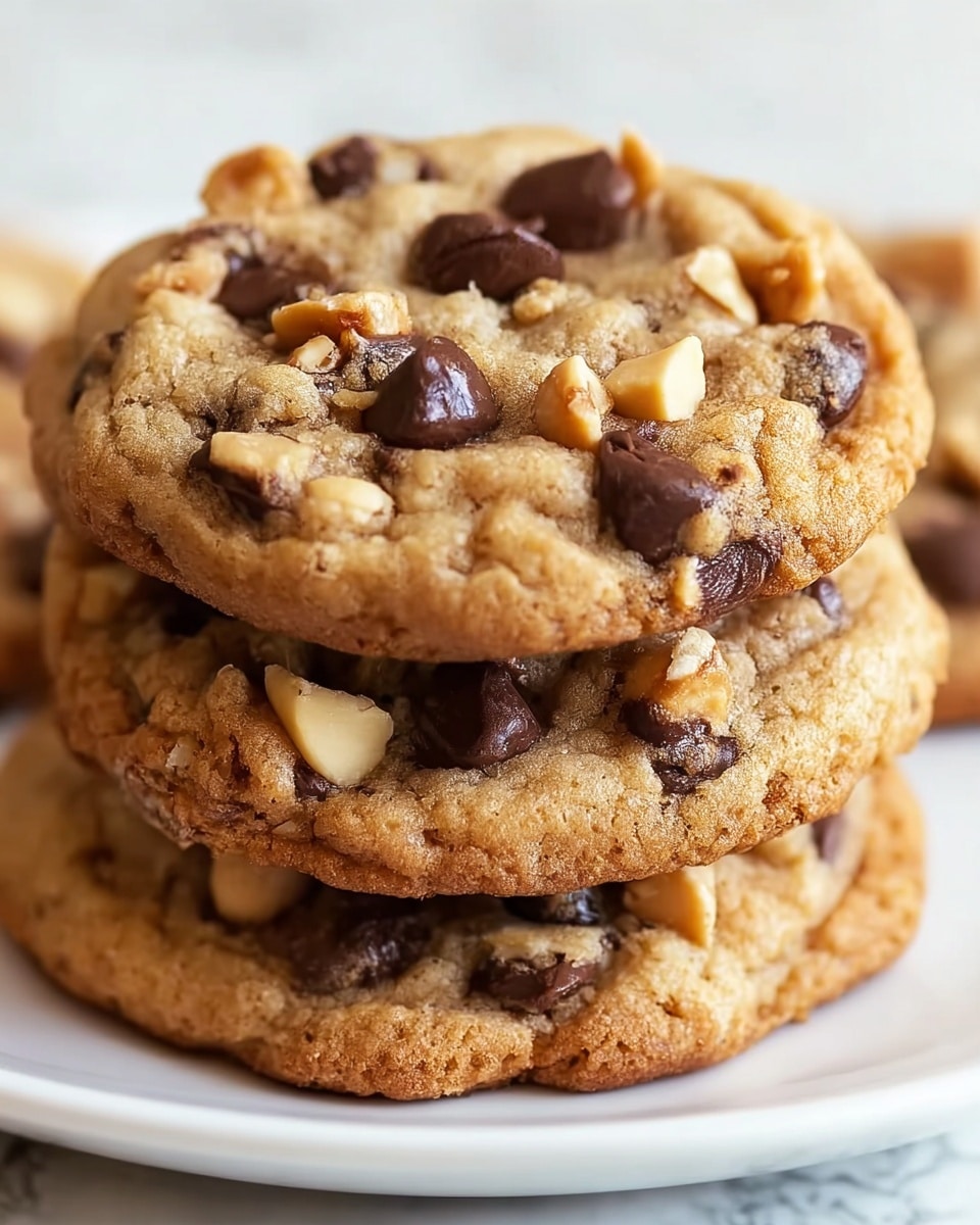 Three stacked chocolate chip cookies sit on a white plate, showing a close-up of their texture and ingredients. Each cookie is golden-brown with a slightly crispy edge and softer center, dotted with dark brown chocolate chips and chunks of light tan nuts spread evenly across the surface. The cookies have a thick, crumbly appearance with visible cracks and crevices. The background features a white marbled texture, adding a clean and bright feel to the image. photo taken with an iphone --ar 4:5 --v 7