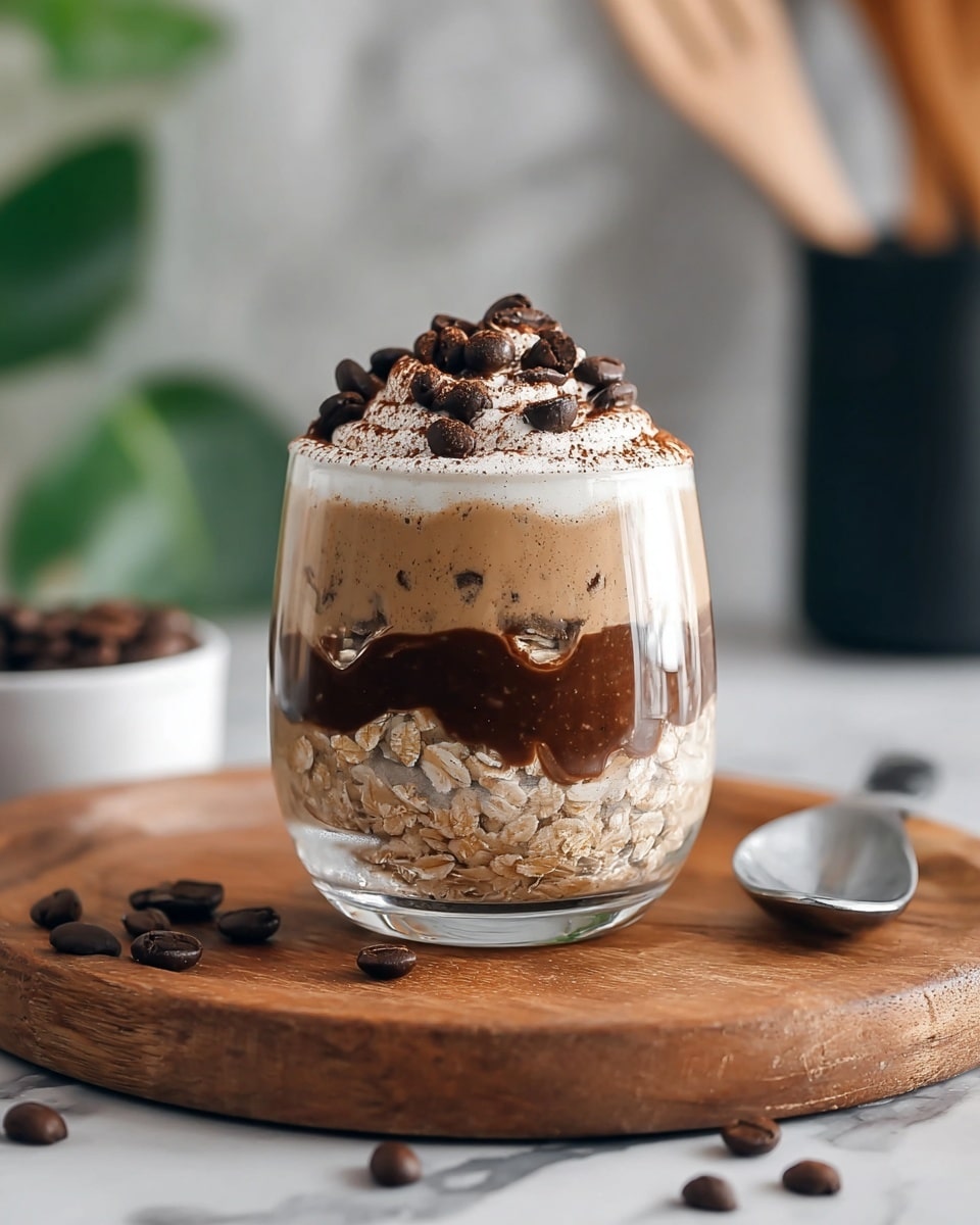 A clear glass jar with four visible layers sits on a white marbled surface. The bottom layer is a creamy oat mixture with visible oats and chia seeds, light beige in color. Above it, there is a dark chocolate sauce layer topped with slices of light brown almonds. The third layer is a smooth, light brown peanut butter spread. The top layer is fluffy white whipped cream dusted generously with cocoa powder, creating a textured look. In the background, blurred metallic utensils rest upright, and some almond slices and cocoa powder are scattered on the surface near the jar. Photo taken with an iphone --ar 4:5 --v 7
