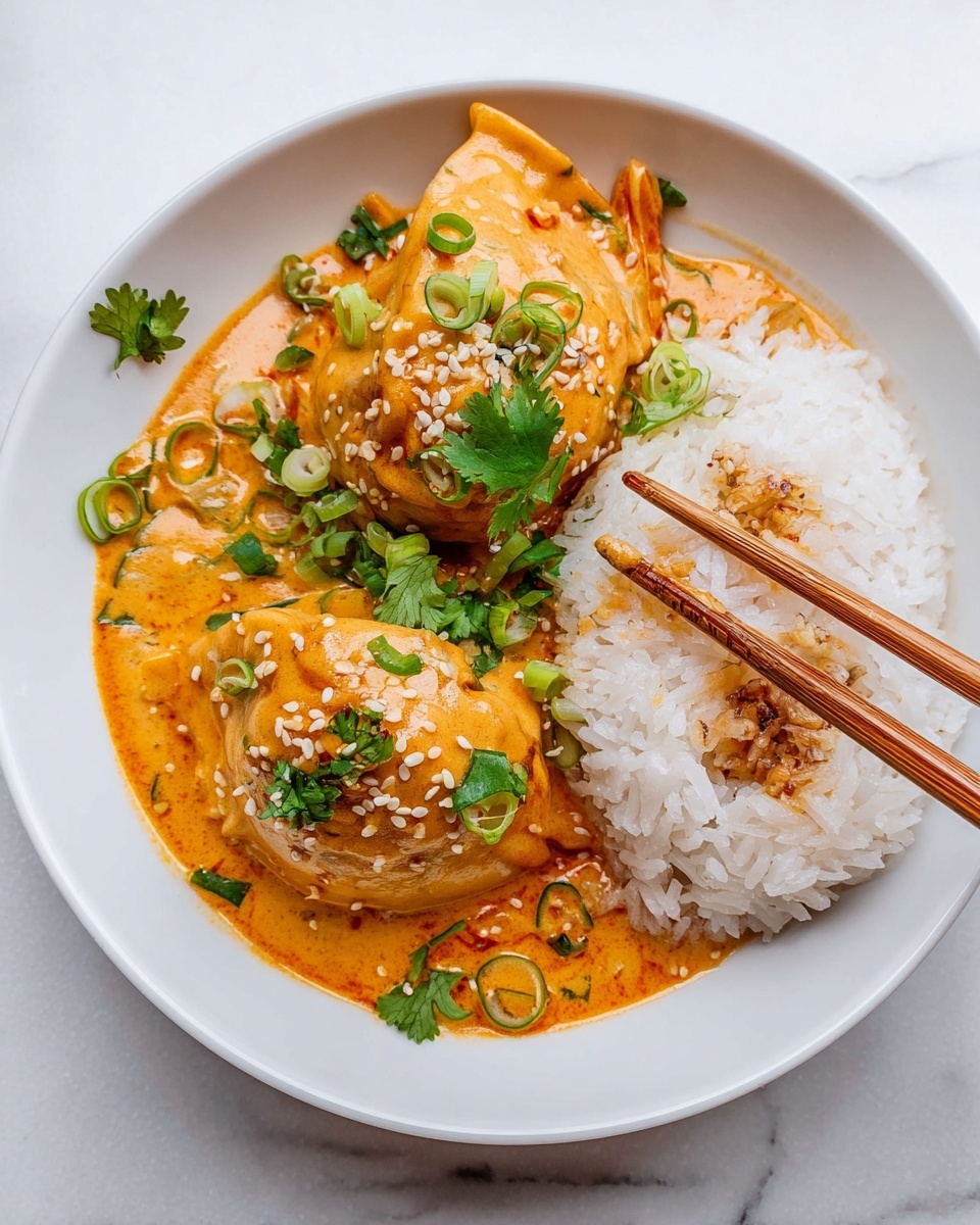 In a white bowl on a white marbled surface, a dish shows two orange-red dumplings on the left side covered in creamy orange sauce with sesame seeds and green chopped scallions sprinkled on top. The dumplings have a slightly crispy edge and some green cilantro leaves placed around them. On the right side, there is a mound of white sticky rice with a small amount of the sauce mixing into it. Light brown wooden chopsticks are holding one dumpling from above. photo taken with an iphone --ar 4:5 --v 7