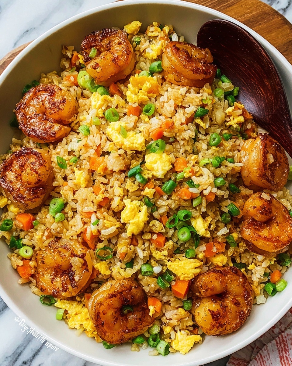 A white bowl filled with fried rice that has several layers of ingredients mixed in. The base layer is light brown fried rice with a slightly oily texture, mixed with small pieces of orange carrots and finely chopped green onions scattered throughout. On top, golden-yellow scrambled eggs are spread in small fluffy pieces. Large, browned shrimp with a slightly crispy outer texture are placed evenly around the bowl, contrasting with the soft rice. The overall look is colorful with warm tones and a fresh green garnish, all set on a white marbled surface with a dark wooden spoon resting inside the bowl. photo taken with an iphone --ar 4:5 --v 7