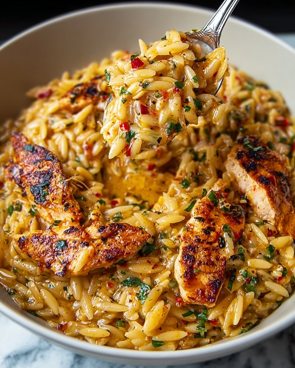 A close-up view of a dish in a white bowl filled with creamy orzo pasta mixed with small pieces of browned grilled chicken. The orzo is coated in a rich, glossy golden sauce with visible bits of green herbs and small red pepper flakes. On top, several pieces of chicken are slightly charred with a textured surface, adding a contrast of color and texture. A spoon lifts a portion of the orzo and chicken, showing the creamy, moist texture of the pasta with bits of herbs and sauce dripping slightly. The background surface is a white marbled texture. photo taken with an iphone --ar 4:5 --v 7
