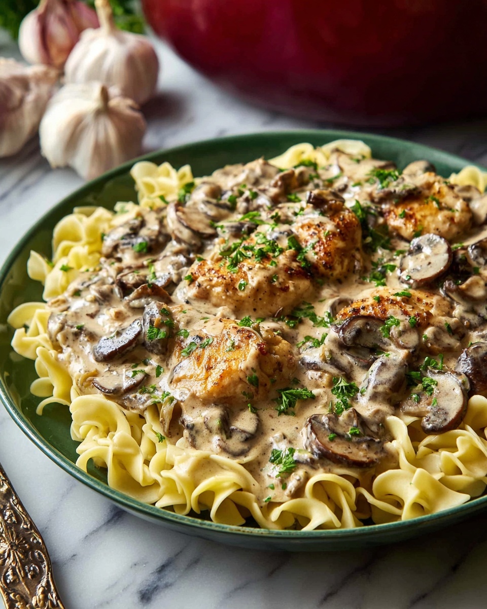 The dish shows a deep green plate filled with a bed of pale yellow egg noodles that have a soft and wavy texture. On top, there are thick pieces of browned chicken coated in a creamy sauce mixed with abundant slices of dark brown mushrooms. The sauce is light beige with visible herbs and covers the chicken and noodles. Bright green chopped parsley is sprinkled over everything, adding color contrast. The plate sits on a white marbled surface, and in the background, there are cloves of garlic and a red pot partially visible. photo taken with an iphone --ar 4:5 --v 7