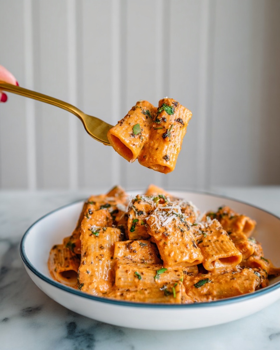 A close-up view of rigatoni pasta coated in a creamy orange sauce with visible herbs and small bits of grated cheese on top. The pasta is in a white bowl with a thin blue rim, sitting on a white marbled surface. The rigatoni pieces are thick and tubular, covered well in the rich sauce with specks of green herbs and some black pepper flakes. A golden fork held by a woman's hand lifts several pieces of the saucy pasta above the bowl. The background is simple with white vertical panels, keeping focus on the textured pasta and sauce. Photo taken with an iphone --ar 4:5 --v 7