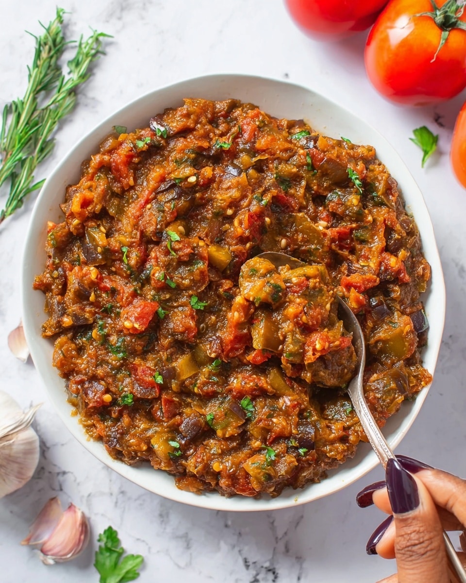 A close-up of a white plate filled with a thick, chunky mixture made of cooked eggplant and tomatoes, showing a rich blend of orange, red, and brown colors with small pieces of herbs scattered on top. The texture is soft with visible small seeds and bits of vegetables, glistening with oil. On the right side, a woman's hand with dark polished nails holds a spoon that is scooping into the mixture. Around the plate on a white marbled surface, there are whole fresh tomatoes, garlic cloves, and green herbs placed for decoration. photo taken with an iphone --ar 4:5 --v 7