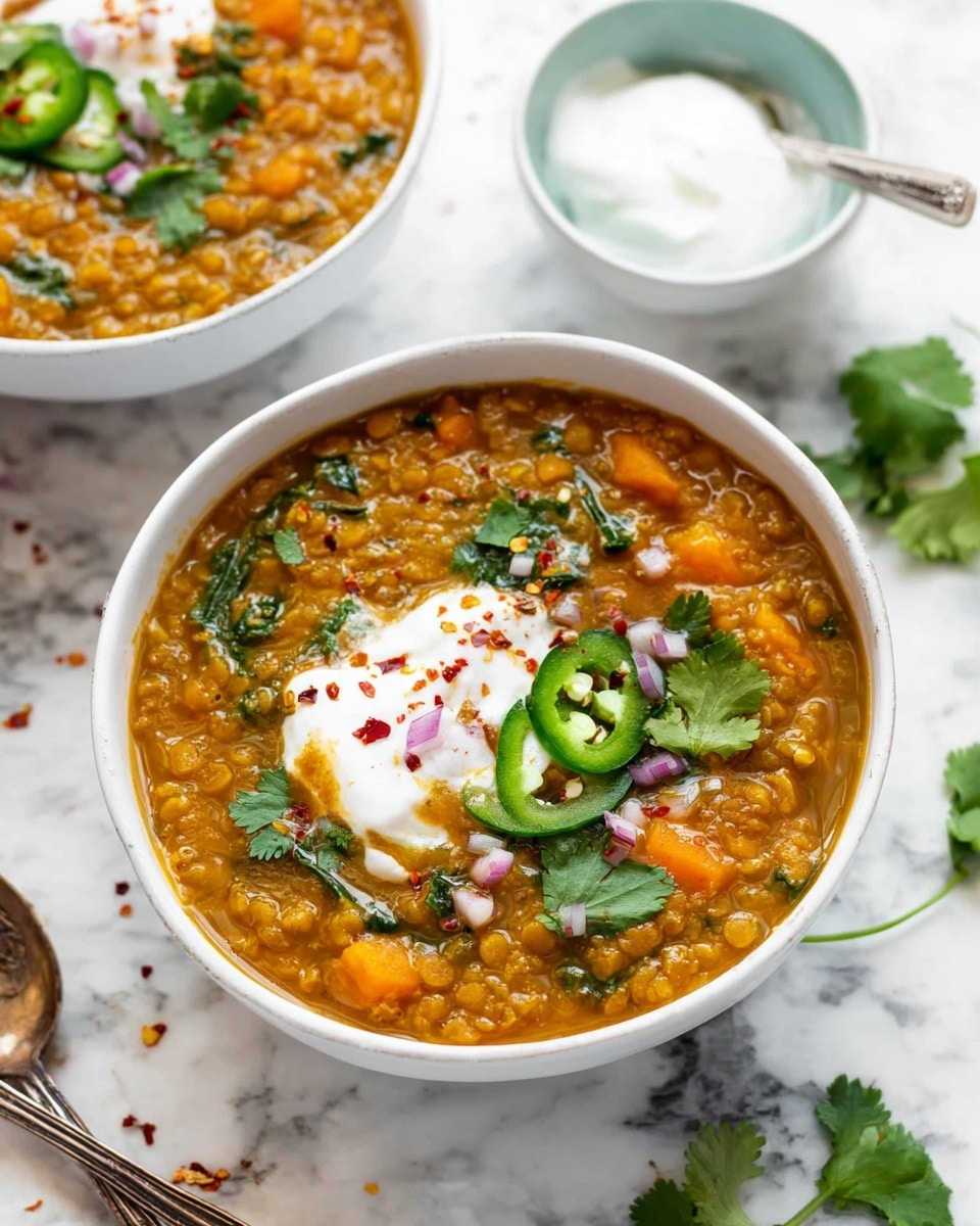 A white bowl filled with thick, orange lentil soup featuring visible green spinach leaves, chunks of orange carrot, and cooked yellow lentils throughout its base layer. On top, a dollop of white creamy yogurt is placed in the center, garnished with thin green jalapeño slices, small pieces of red onion, green cilantro leaves, and a sprinkle of black pepper and red chili flakes. The bowl sits on a white marbled surface with scattered cilantro leaves and an antique silver spoon beside it. In the background, there is a small white bowl with a light blue inside holding more white yogurt. photo taken with an iphone --ar 4:5 --v 7