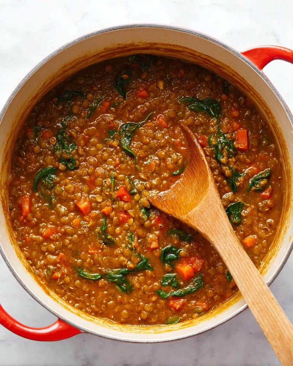 A pot filled with thick, brown lentil stew mixed with small chunks of orange carrots and green leafy spinach. A light wooden spoon is resting inside the pot, stirring the stew. The pot is white on the inside with a red handle, set on a white marbled surface. The texture of the stew looks soft and hearty with some liquid around the edges. photo taken with an iphone --ar 4:5 --v 7